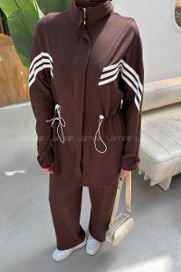 Brown Neckband Long Arm Belted Viscose Fabric Lycra Regular Trousers Suit