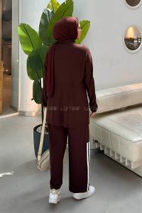 Brown Neckband Long Arm Belted Viscose Fabric Lycra Regular Trousers Suit