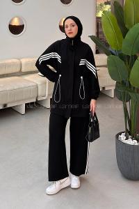 Black Neckband Long Arm Belted Viscose Fabric Lycra Regular Trousers Suit