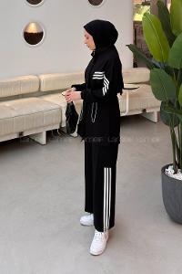 Black Neckband Long Arm Belted Viscose Fabric Lycra Regular Trousers Suit