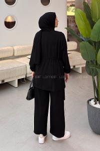 Black Neckband Long Arm Belted Viscose Fabric Lycra Regular Trousers Suit