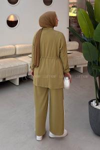 Oil Green Neckband Long Arm Belted Viscose Fabric Lycra Regular Trousers Suit