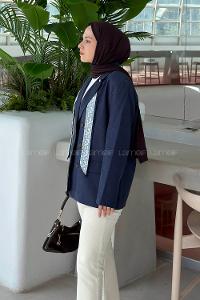 Navy Blue Jacket Collar Long Arm Linen Jacket