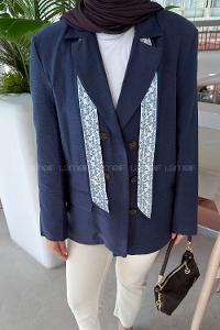 Navy Blue Jacket Collar Long Arm Linen Jacket