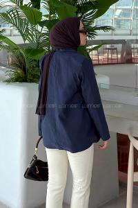 Navy Blue Jacket Collar Long Arm Linen Jacket