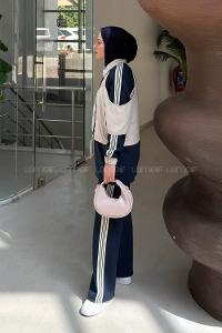 Navy Blue Shirt Collar Long Arm Belted Cotton Fabric Regular Trousers Suit