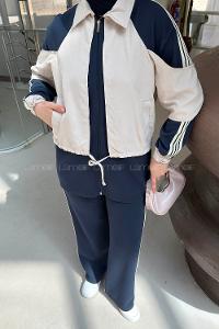 Navy Blue Shirt Collar Long Arm Belted Cotton Fabric Regular Trousers Suit