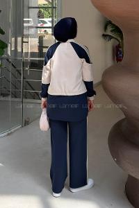 Navy Blue Shirt Collar Long Arm Belted Cotton Fabric Regular Trousers Suit