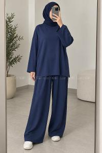Navy Blue Crew Neck Long Arm Without Accessories Regular Trousers Suit