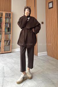Lamelif Aller Detaylı Oversize Tasarım Kısa Trenç Acı Kahve