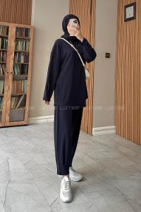 Navy Blue Crew Neck Long Arm Without Accessories Modal Narrow Leg Suit