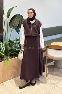Brown Shirt Collar Sleeveless Arm With Zipper Pleated Suit