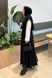 Black Shirt Collar Sleeveless Arm With Zipper Pleated Suit