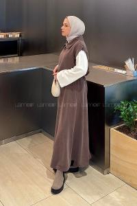 Brown With Milk Shirt Collar Sleeveless Arm With Zipper Pleated Suit