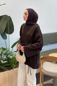 Lamelif Yan Biye Bağlamalı Tunik Kahverengi