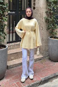 Lamelif Bağlama Detaylı Kol Katlı Oysho Tunik Soft Sarı