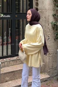 Lamelif Bağlama Detaylı Kol Katlı Oysho Tunik Soft Sarı
