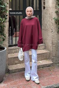 Lamelif Bisiklet Yaka Kolları Ve Etek Ucu Yırtmaçlı Tunik Bordo
