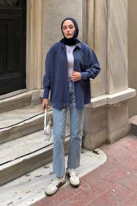 Blue Shirt Collar Long Arm Unprinted Shirt