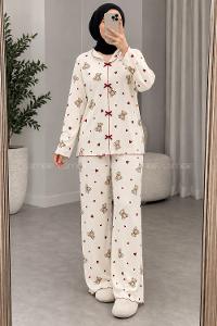 Lamelif Ayıcık ve Kırmızı Kalp Desenli Fiyonk Detaylı Pijama Takımı