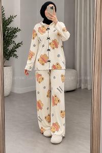 Lamelif Ayıcık-Yıldız Desenli Fiyonk Detaylı Pijama Takımı
