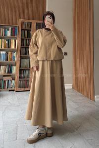 Camel Crew Neck Long Arm With Zipper Pleated Suit