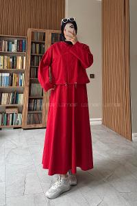 Red Crew Neck Long Arm With Zipper Pleated Suit