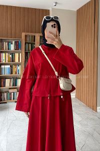 Red Crew Neck Long Arm With Zipper Pleated Suit