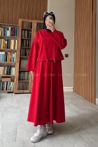 Red Crew Neck Long Arm With Zipper Pleated Suit