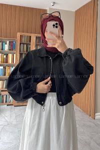Lamelif Bomber Kısa Kot Ceket Siyah
