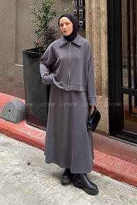 Anthracite Zippered Neck Long Arm With Zipper Pleated Suit