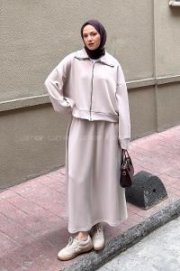 Beige Zippered Neck Long Arm With Zipper Pleated Suit