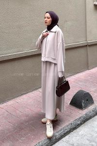 Beige Zippered Neck Long Arm With Zipper Pleated Suit