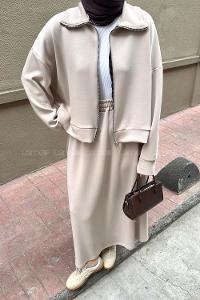 Beige Zippered Neck Long Arm With Zipper Pleated Suit
