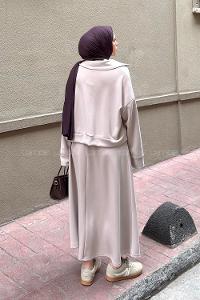 Beige Zippered Neck Long Arm With Zipper Pleated Suit