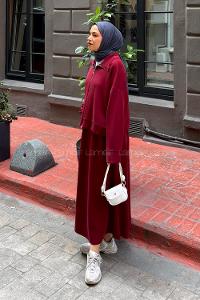 Claret Red Zippered Neck Long Arm With Zipper Pleated Suit