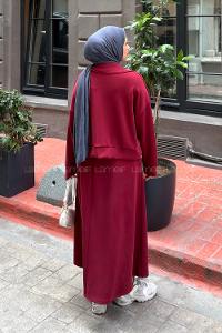 Claret Red Zippered Neck Long Arm With Zipper Pleated Suit