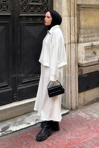 Ecru Zippered Neck Long Arm With Zipper Pleated Suit