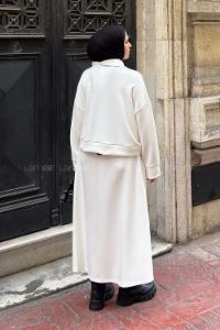 Ecru Zippered Neck Long Arm With Zipper Pleated Suit