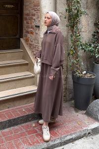 Brown Zippered Neck Long Arm With Zipper Pleated Suit