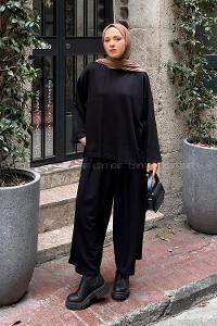Black Zippered Neck Long Arm With Zipper Pleated Suit