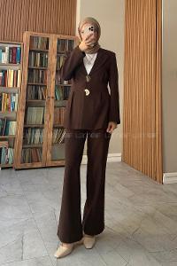 Brown Jacket Collar Long Arm Buttoned Regular Trousers Suit