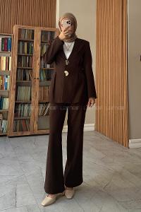 Brown Jacket Collar Long Arm Buttoned Regular Trousers Suit