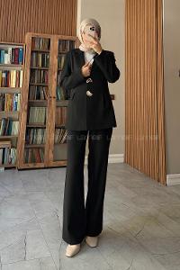 Black Jacket Collar Long Arm Buttoned Regular Trousers Suit