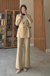 Stone Jacket Collar Long Arm Buttoned Regular Trousers Suit