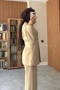 Stone Jacket Collar Long Arm Buttoned Regular Trousers Suit