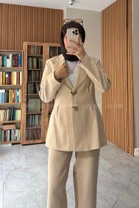 Stone Jacket Collar Long Arm Buttoned Regular Trousers Suit