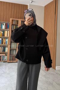 Lamelif Gömlek Yaka Şal Detaylı Kısa Trenç Siyah