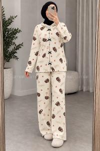 Lamelif Kahve Desenli Fiyonk Detaylı Pijama Takımı