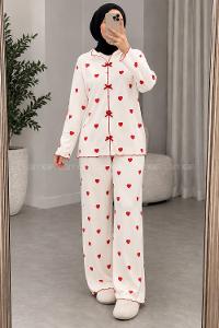 Lamelif Kalp Desenli Fiyonk Detaylı Pijama Takımı